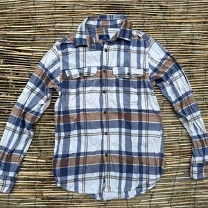 Plaid Flannel Shirt Brown Blue White Size XS‎ Long Sleeve Pockets Woods
